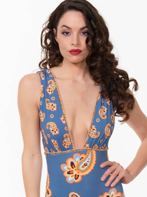 Milos costume intero scollo a V, Blu arancio Valery prestige