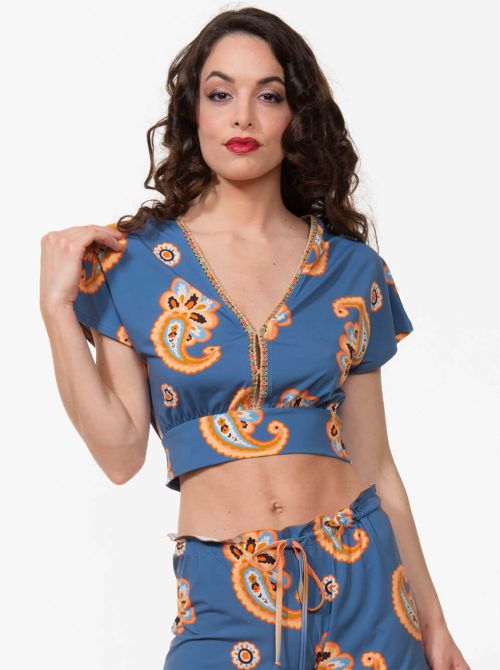 Milos Crop top scollo a V, Blu arancio