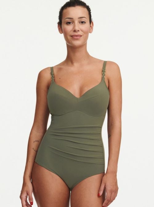 Emblem one piece swimsuit, khaki green CHANTELLE