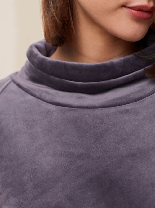High neck sweater in soft velour, slate