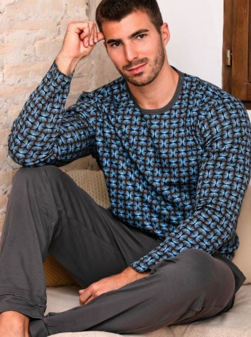 Aloys Pigiama lungo in cotone caldo - Dark Grey Print