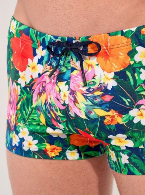 Peacock Boxer mare aderente con stampa tropicale HOM
