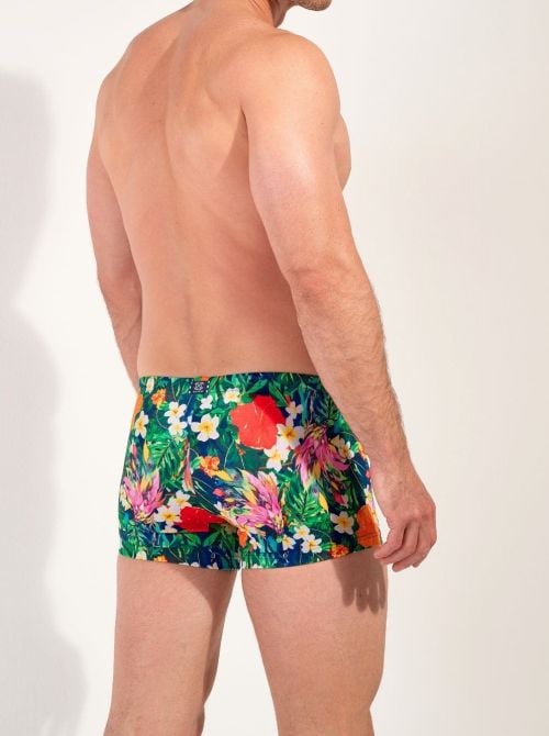 Peacock Boxer mare aderente con stampa tropicale