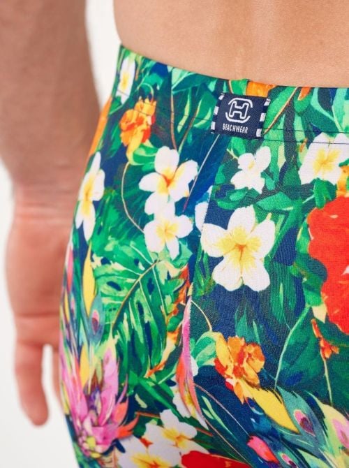 Peacock Boxer mare aderente con stampa tropicale