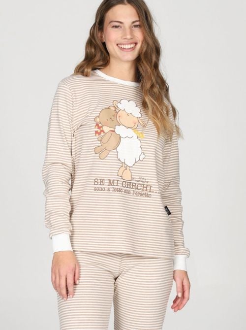 Pigiama Donna Caldo in Cotone Interlock a Righe, Girocollo HAPPY PEOPLE