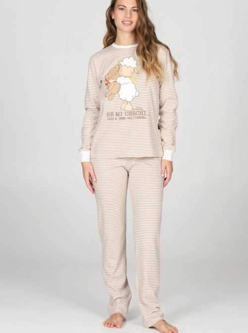 Pigiama Donna Caldo in Cotone Interlock a Righe, Girocollo HAPPY PEOPLE