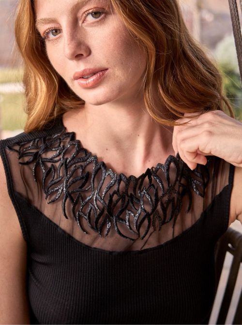 Canotta Donna in Lana e Seta con Tulle Ricamato