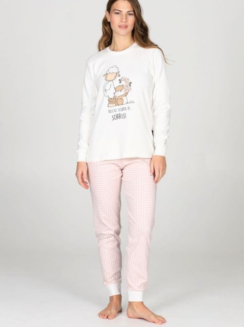 Pigiama Donna Caldo in Puro Cotone Interlock, Modello Tuta HAPPY PEOPLE