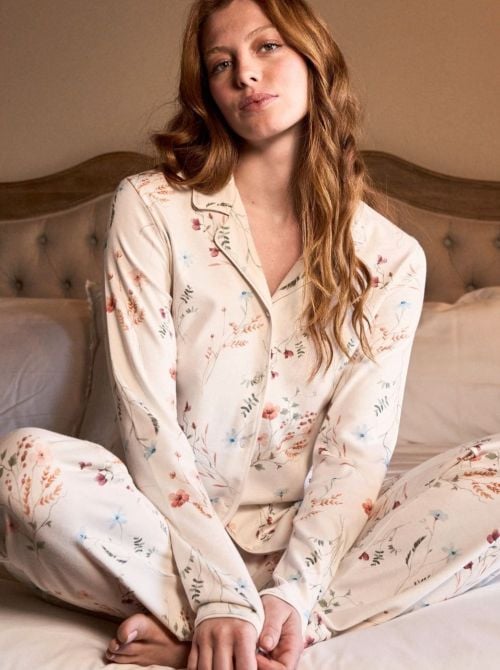 Pigiama Donna Caldo in Puro Cotone Cardigan a Fiori
