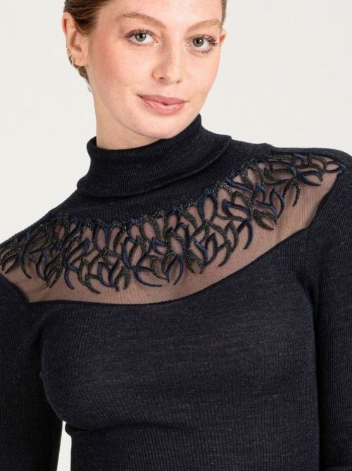 Dolcevita Donna in Lana e Seta con Tulle Ricamato