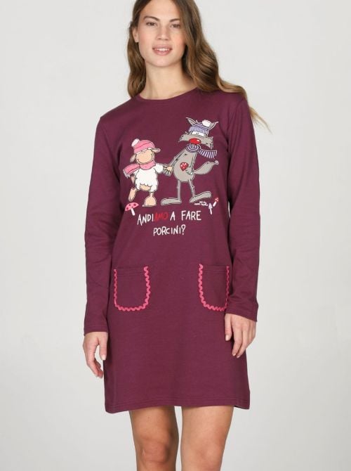 Camicia da Notte Donna Calda in Puro Cotone Fantasia Funghi HAPPY PEOPLE
