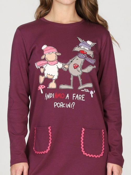 Camicia da Notte Donna Calda in Puro Cotone Fantasia Funghi HAPPY PEOPLE