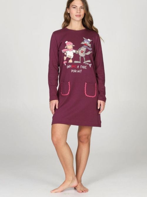 Camicia da Notte Donna Calda in Puro Cotone Fantasia Funghi