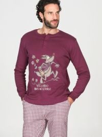 Men's Warm Pure Cotton Henley Pyjamas with Mushroom Print