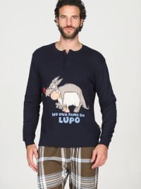 Men's Warm Pure Cotton Henley Pyjamas with Wolf Print