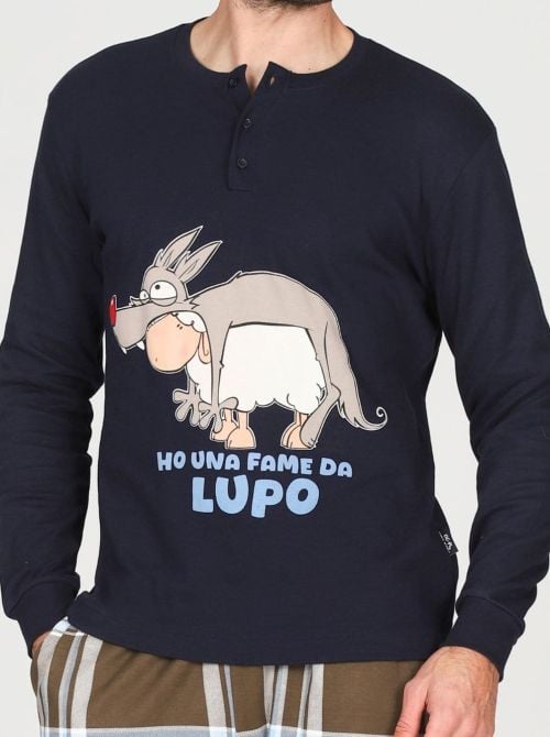 Pigiama Uomo Caldo in Puro Cotone Serafino con Stampa Lupo