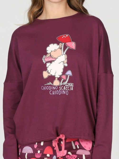 Pigiama Donna Caldo in Puro Cotone Modello Tuta Fantasia Funghi HAPPY PEOPLE