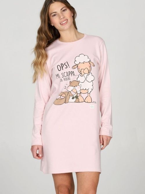 Camicia da Notte Donna Calda in Puro Cotone Rosa con Stampa HAPPY PEOPLE