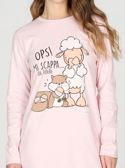 Camicia da Notte Donna Calda in Puro Cotone Rosa con Stampa HAPPY PEOPLE