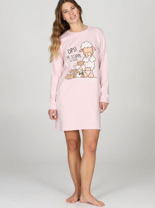 Camicia da Notte Donna Calda in Puro Cotone Rosa con Stampa