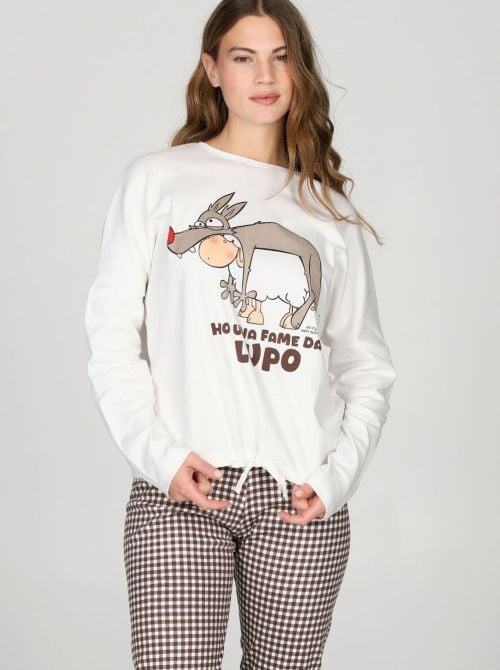 Pigiama Donna Caldo in Puro Cotone con Stampa Lupo e Pantaloni a Quadretti HAPPY PEOPLE