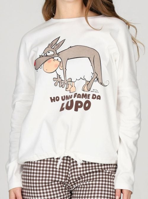 Pigiama Donna Caldo in Puro Cotone con Stampa Lupo e Pantaloni a Quadretti HAPPY PEOPLE