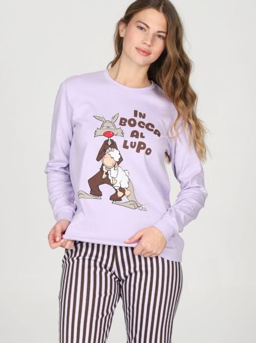 Pigiama Donna Caldo in Puro Cotone con Stampa Lupo e Pantaloni a Righe HAPPY PEOPLE