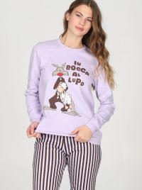 Pigiama Donna Caldo in Puro Cotone con Stampa Lupo e Pantaloni a Righe