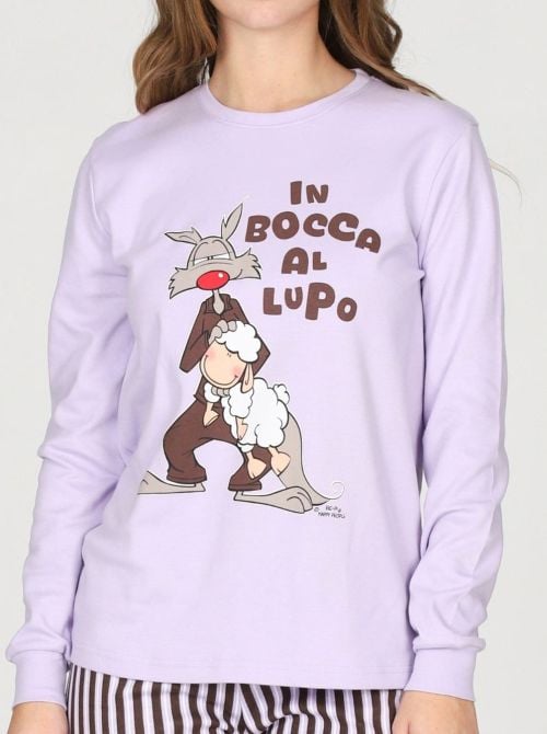 Pigiama Donna Caldo in Puro Cotone con Stampa Lupo e Pantaloni a Righe HAPPY PEOPLE