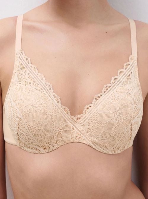 Floral Touch Reggiseno Coprente con Ferretto e Coppe Memory Foam in Pizzo, beige