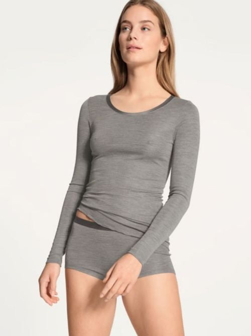True Confidence T-shirt a manica lunga lana e seta, grigio platino