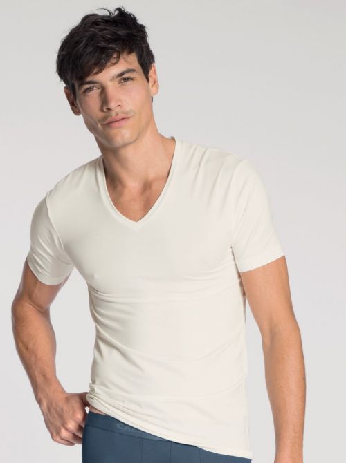 100% Nature Men's short sleeve V-shirt, ivory CALIDA